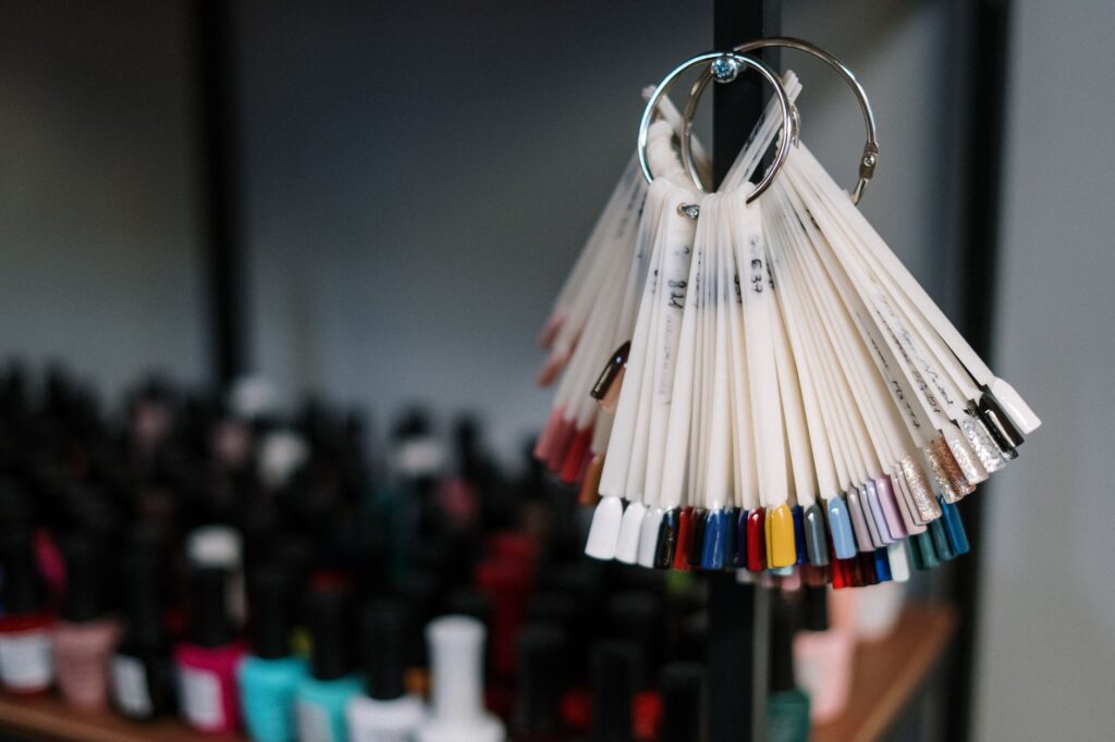 Collection of professional nail polish bottles and products on display