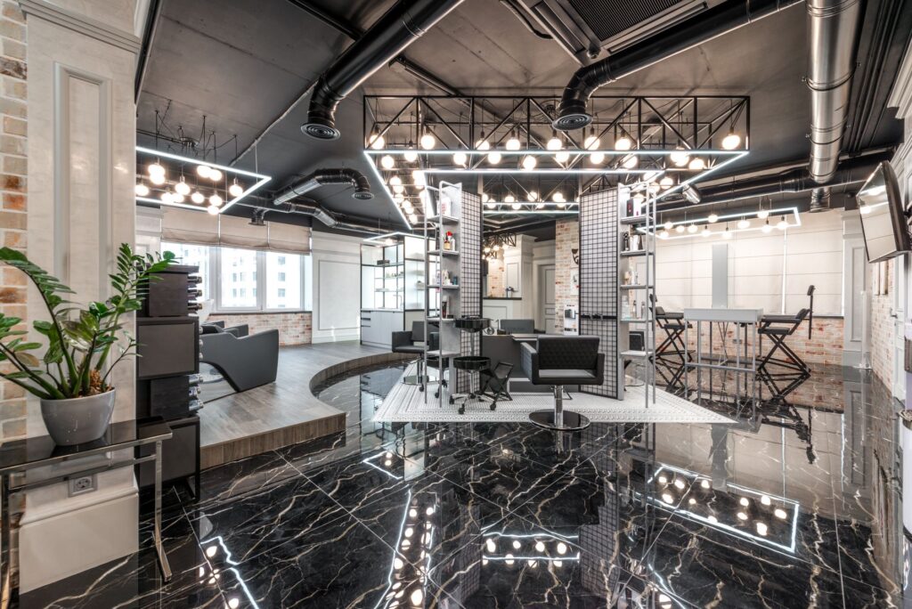Modern, clean salon interior with comfortable workspace and professional setting